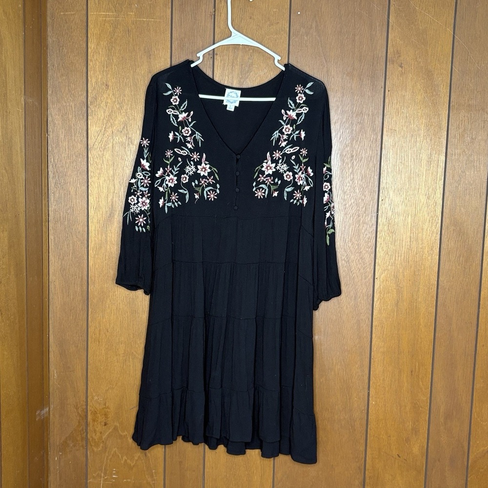 Blue Rain Dress Women L Black Embroidered Floral Boho Cottagecore Fairy Festival